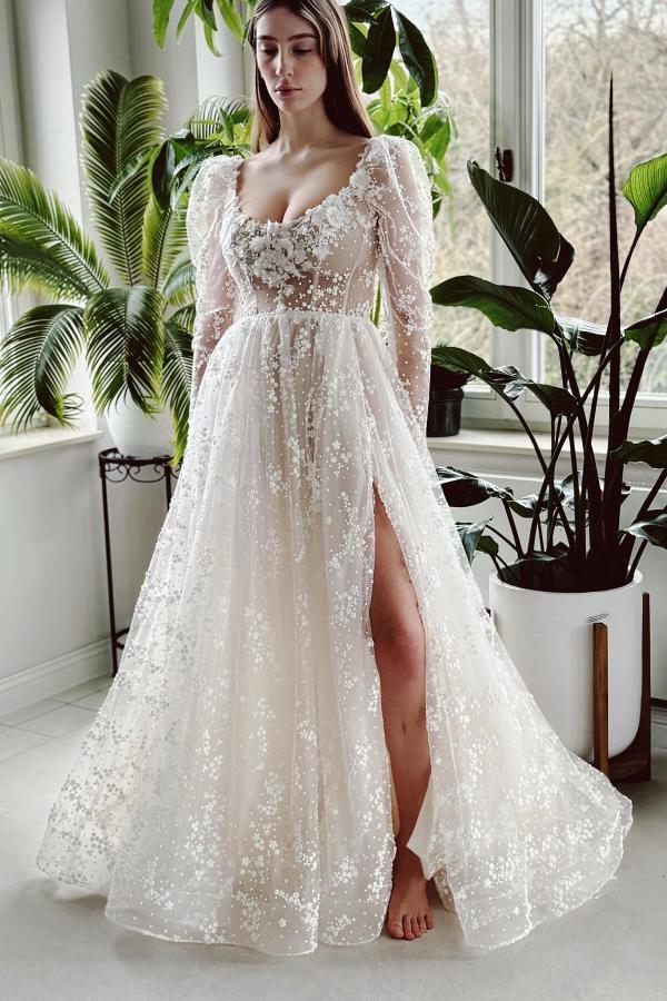 Robes de mariée de créateurs avec manches | Robes de mariée Une ligne dentelle