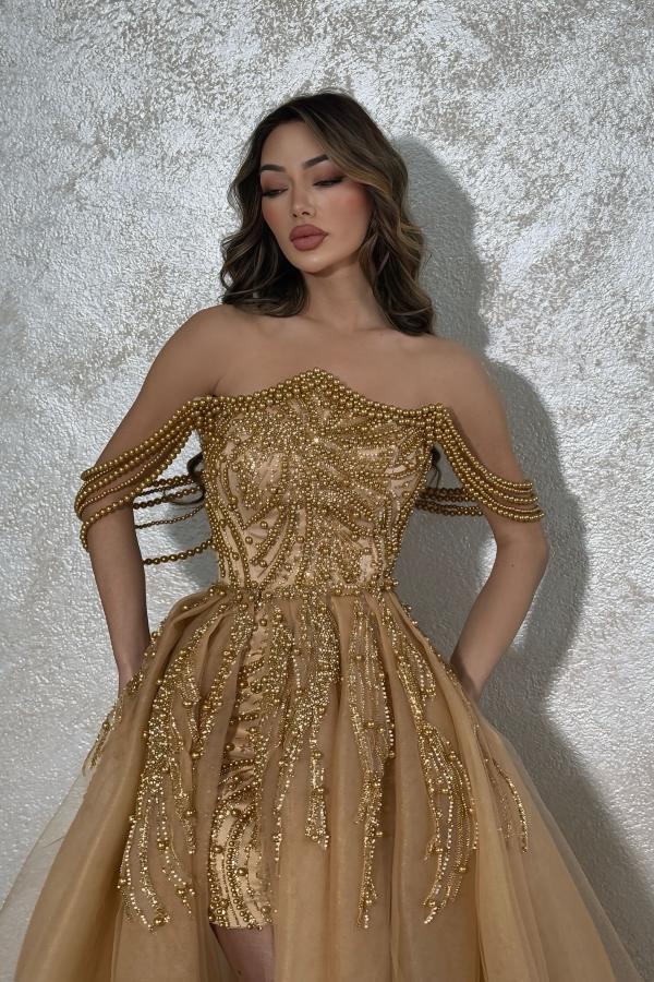 Robes de soirée de luxe dorées, robes de bal hautes et basses, robes de bal à paillettes