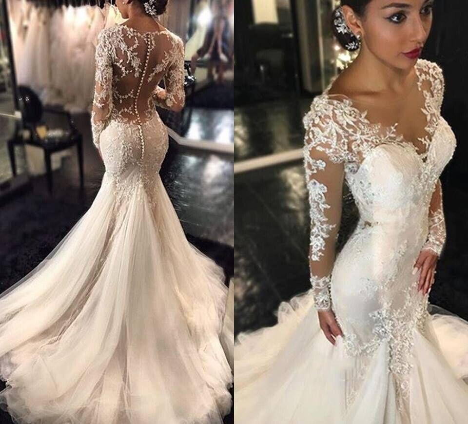 Forme fourreau robe de mariée élégante manche longue dentelle transparent traîne maxi