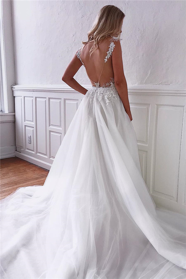robe de mariée longue princesse a-ligne col V dos nu en