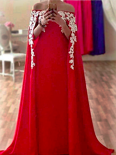 Forme Fourreau Epaules Nues Mousseline Longue Robe de Soirée Dentelle