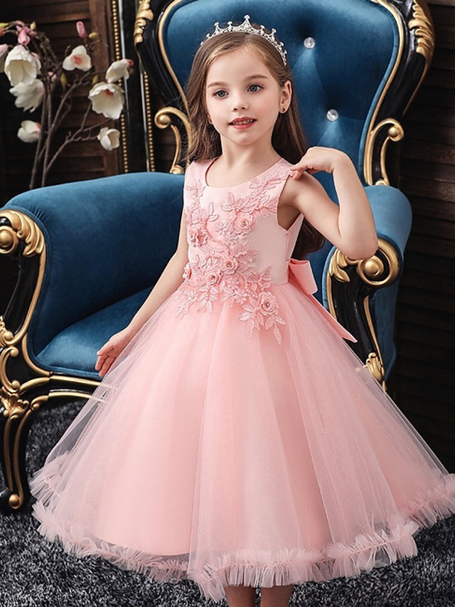 Robe d'enfants mignonne tutu col rond sans manches avec perles et appliques