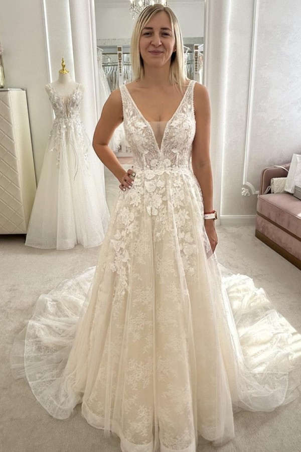 Brautkleider A Linie V Ausschnitt Hochzeitskleider Spitze Günstig-babyonlinedressde