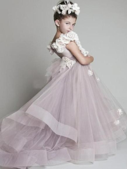 Forme Princesse Tulle Traîne moyenne Robes de demoiselle d'honneur - fillette avec Fleurs