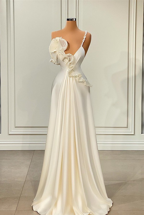 Robe de soirée longue ligne A à bretelles Robe de cérémonie avec appliques fleurie