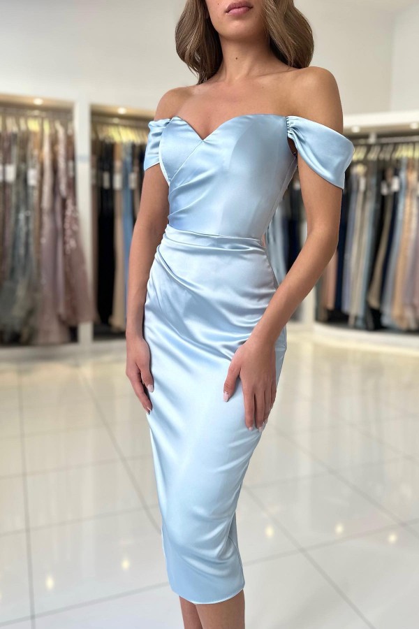 Robe de soirée courte en satin | Robe de cocktail bleu ciel chic pas cher
