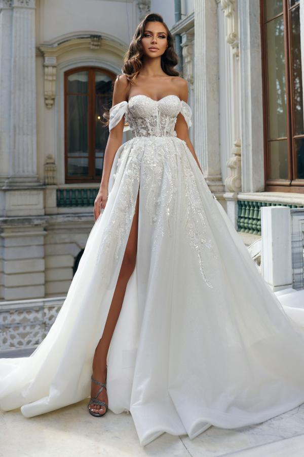 Robe de mariée A-ligne dentelles fendue devant chic et populaire