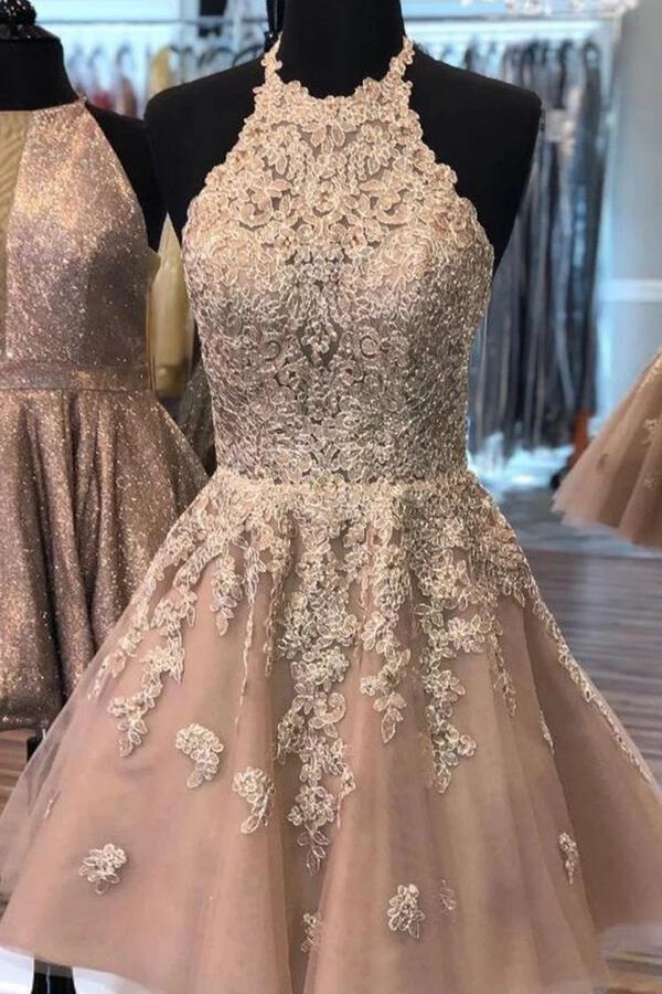 Robes de cocktail champagne courtes | Robes de soirée élégantes avec de la dentelle