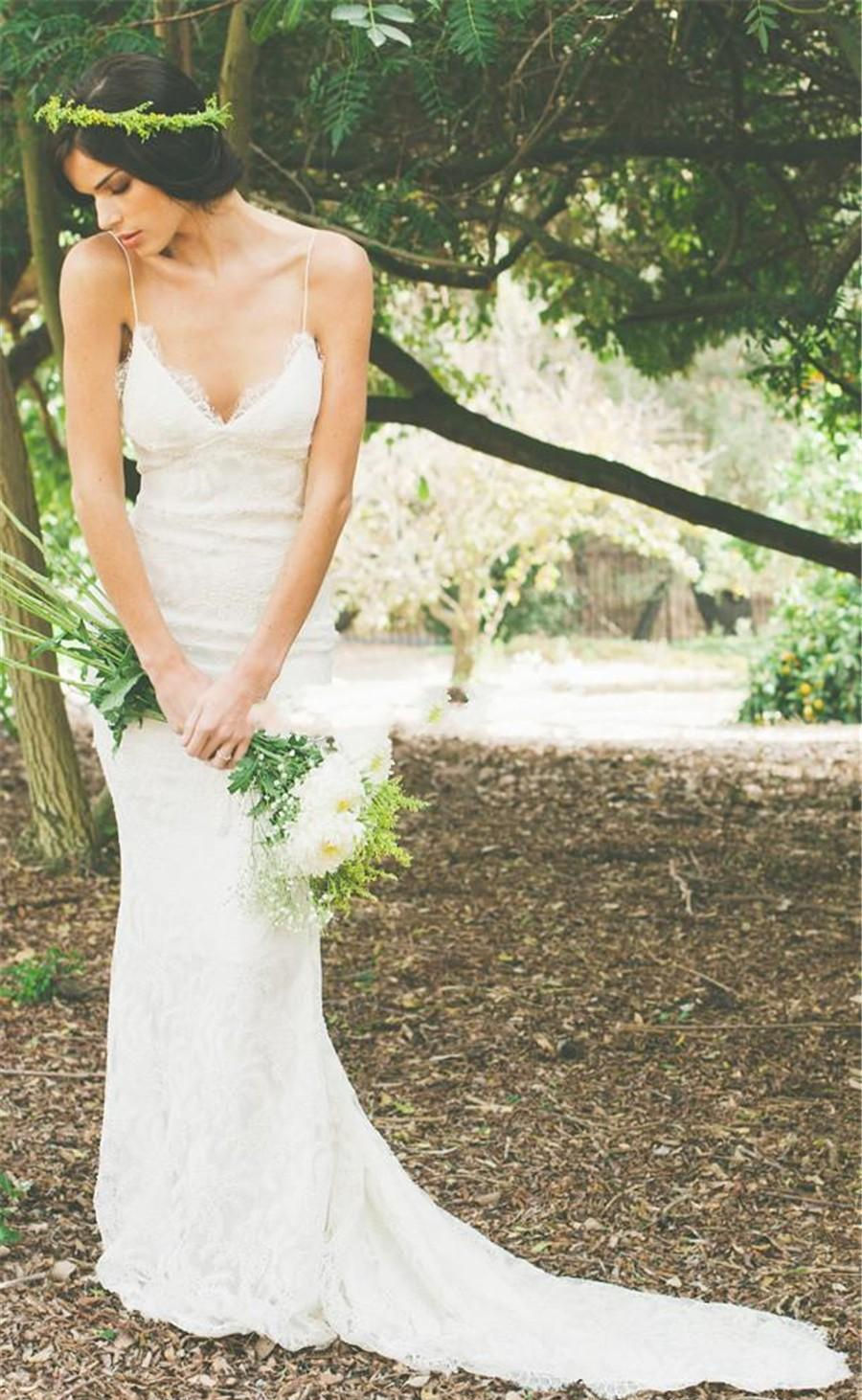 Robe de mariée sirène dentelle dos nu avec bretelles spaghetti | Robe de mariage trompette longue élégante