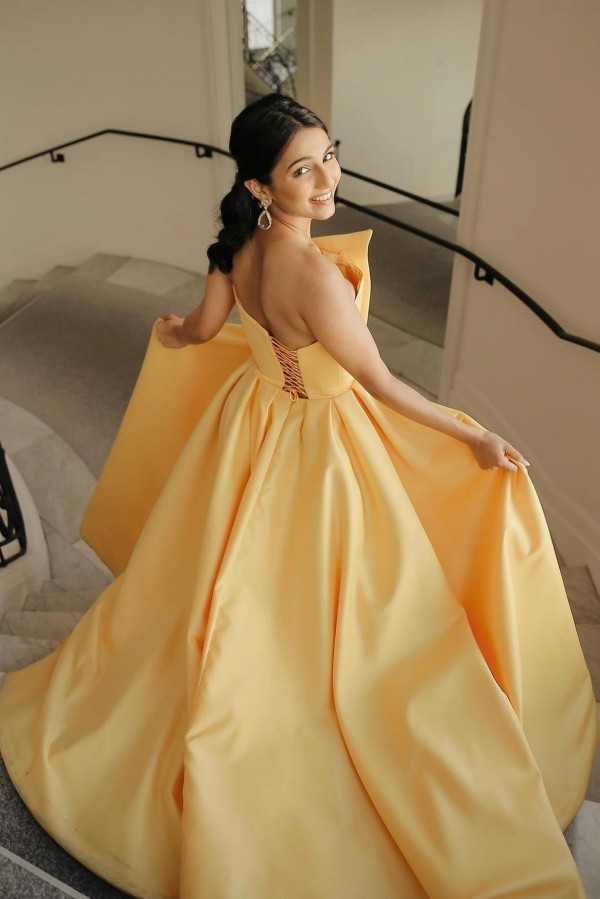 Gelb Abendkleider Lang Schlicht Abiballkleider Abendmoden Günstig