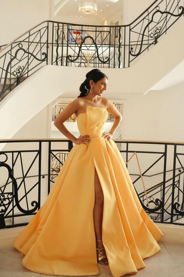 Gelb Abendkleider Lang Schlicht Abiballkleider Abendmoden Günstig