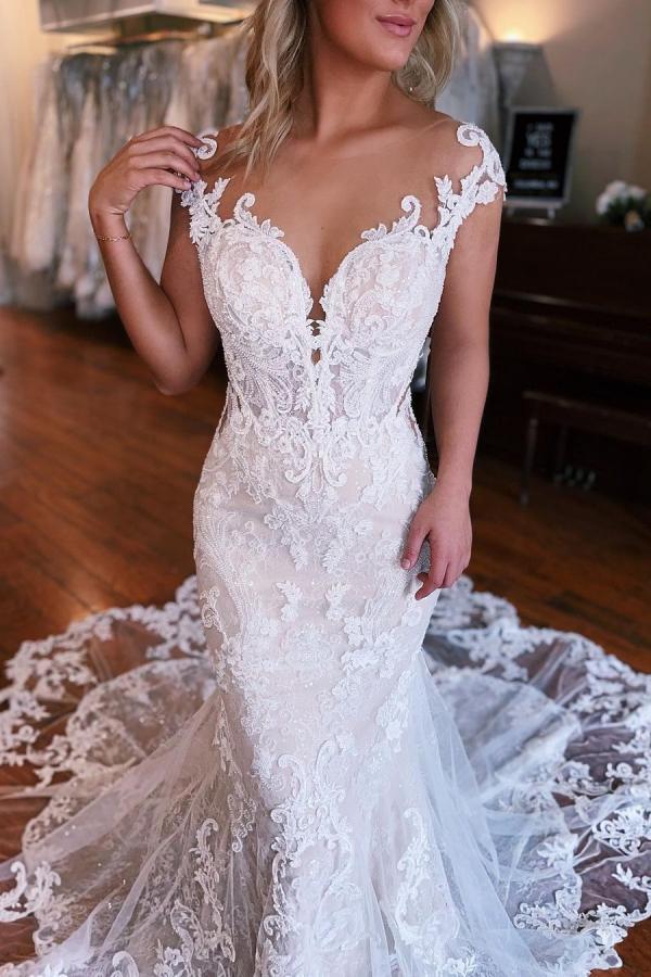 Robe de mariée sirène dentelle 2en1 avec traîne détachable magnifique