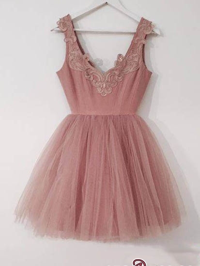 Forme Princesse Court/Mini Col en V Tulle Robes de soirée étudiante avec Appliques