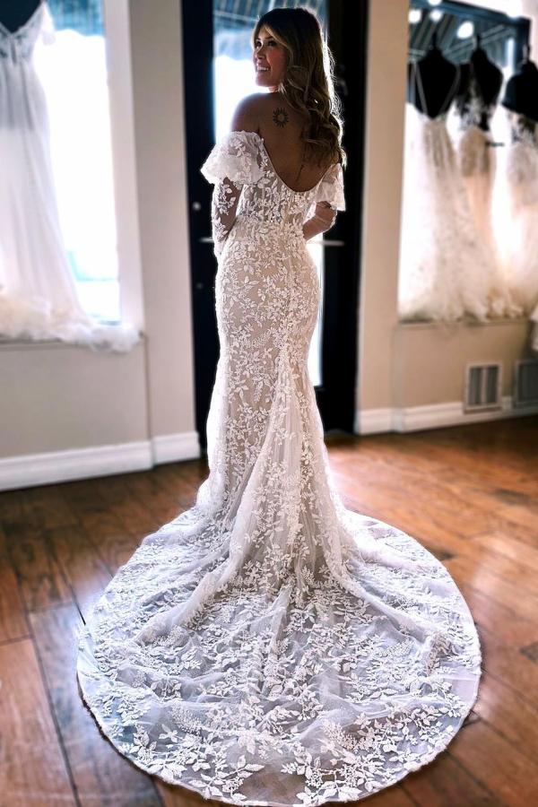 Robe de mariée sirène épaules dénudées sur dentelles chic et élégante