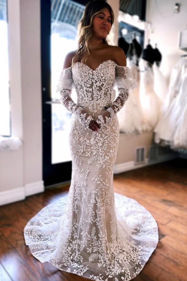 Robe de mariée sirène épaules dénudées sur dentelles chic et élégante