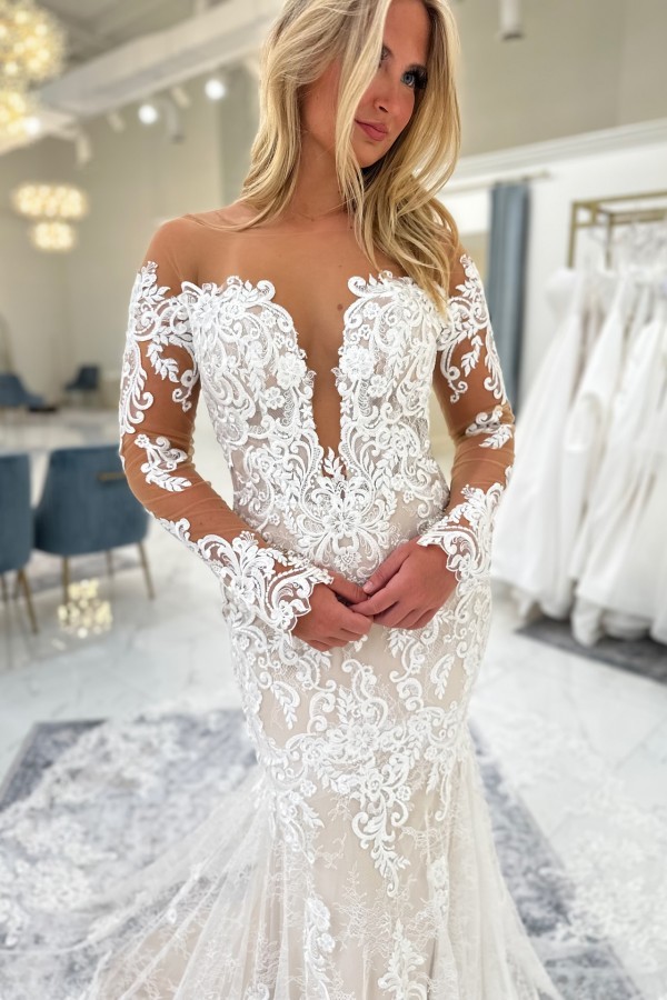 Elegantes Brautkleid Meerjungfrau Spitze Hochtzeitskleider Standesamt mit Ärmel