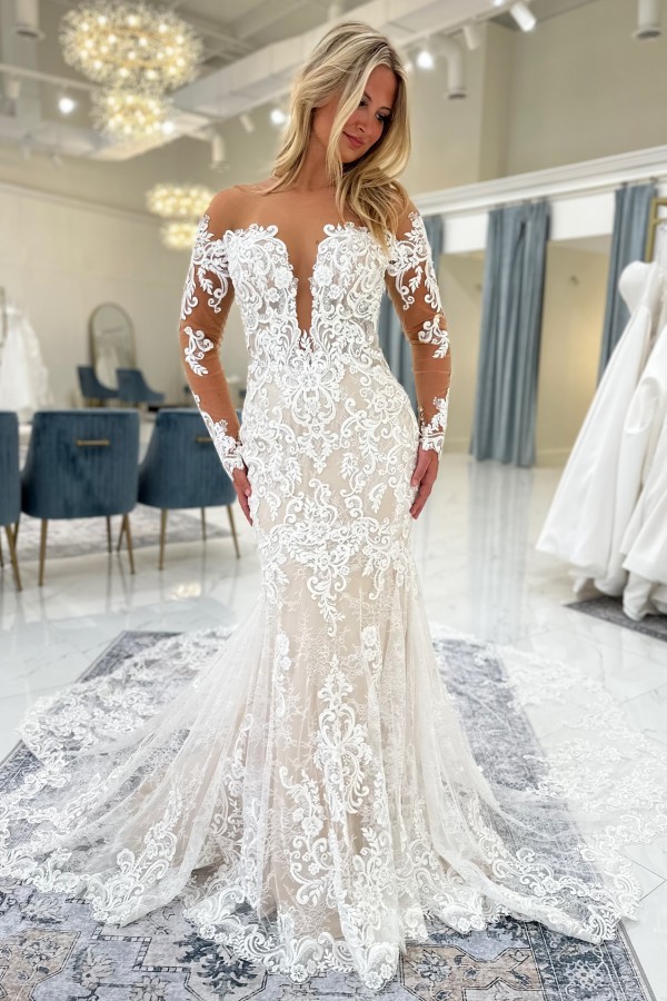 Elegantes Brautkleid Meerjungfrau Spitze Hochtzeitskleider Standesamt mit Ärmel