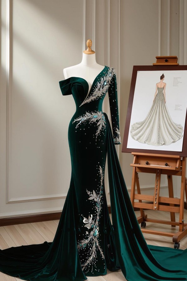 Elegante Abendkleider Lang Grün Velvet Weihnachten Abendkleid