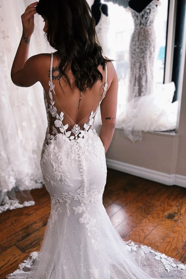 Robe de mariée sirène à bretelles spaghetti dos nu en dentelle glamour