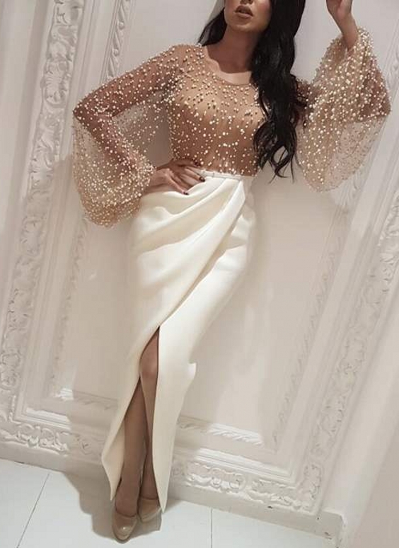 Robe de soirée sirène longue avec perles fendue devant | robe de cérémonie trompette longue chic