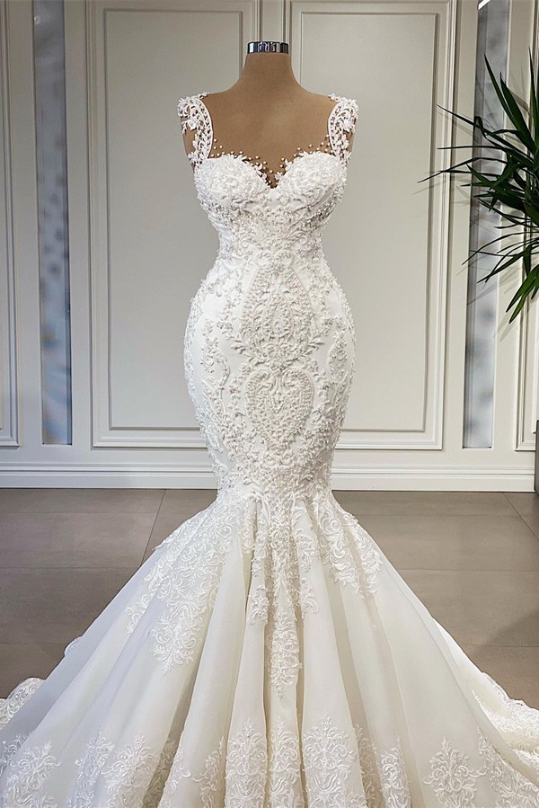 Robe de mariée unique sirène en dentelle à bretelles haute couture très glamour