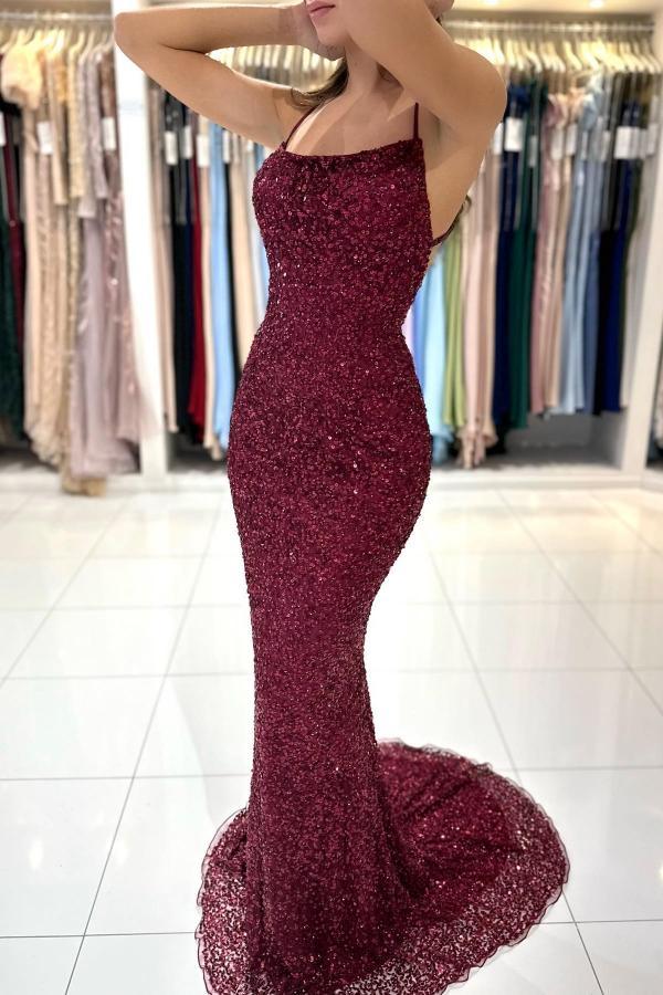 Robe de soirée en paillettes à bretelles spaghetti bordeaux chic