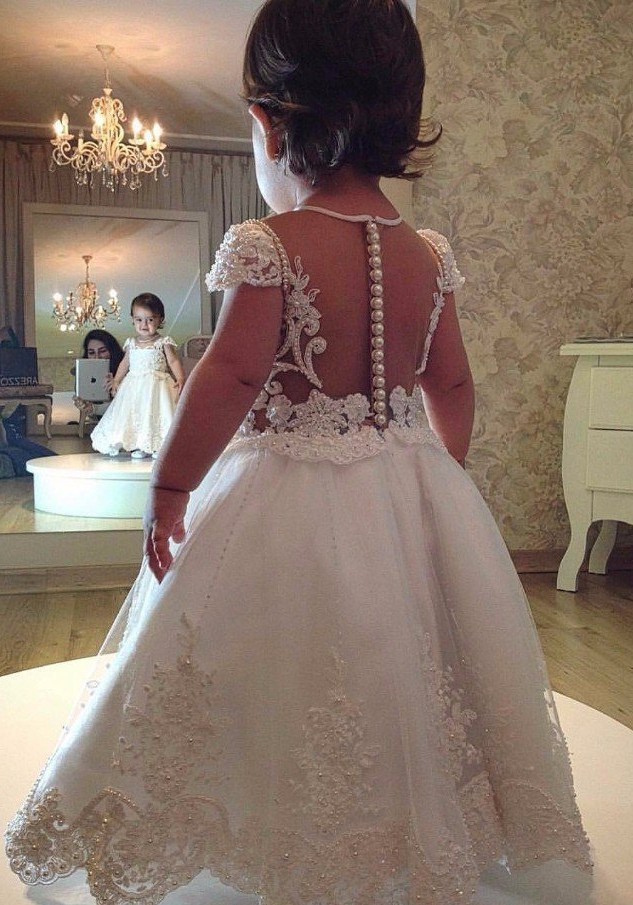 Forme Princesse Longueur cheville Col U profond Robes de demoiselle d'honneur - fillette avec Perles