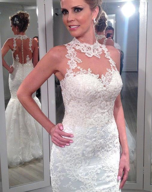 Forme Sirène/Trompette Longueur ras du sol Col montant Tulle Nouveau Robes de mariée sirène avec Dentelle