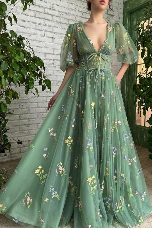 Robe de soirée verte longue col en V | robes de bal avec manches