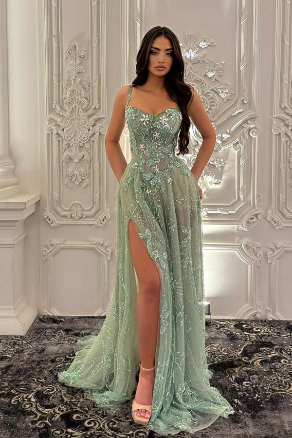 Designer Abendkleider Lang Grün Spitze Ballkleider Abiballkleider mit Glitzer