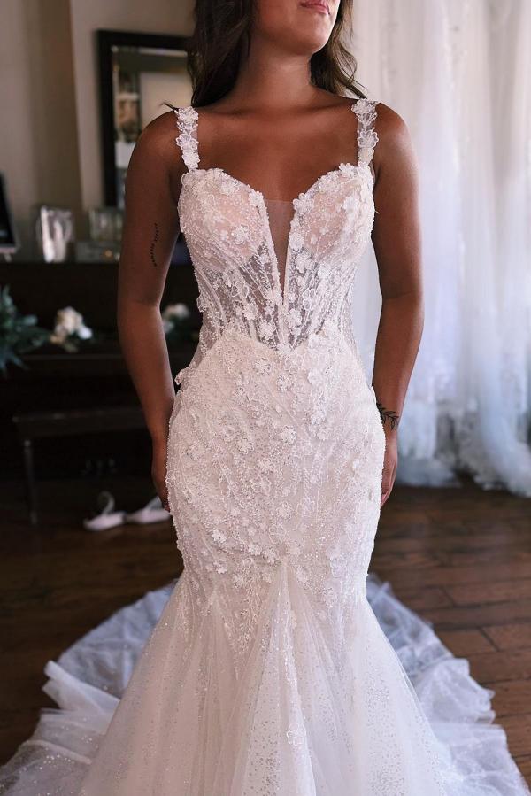 Robe de mariée sirène avec appliques fleures élégante
