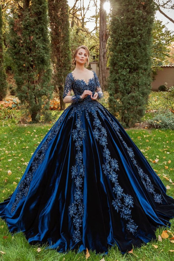 Robes de soirée en velours bleu roi avec manches | Longues Robes De Bal Pas Cher