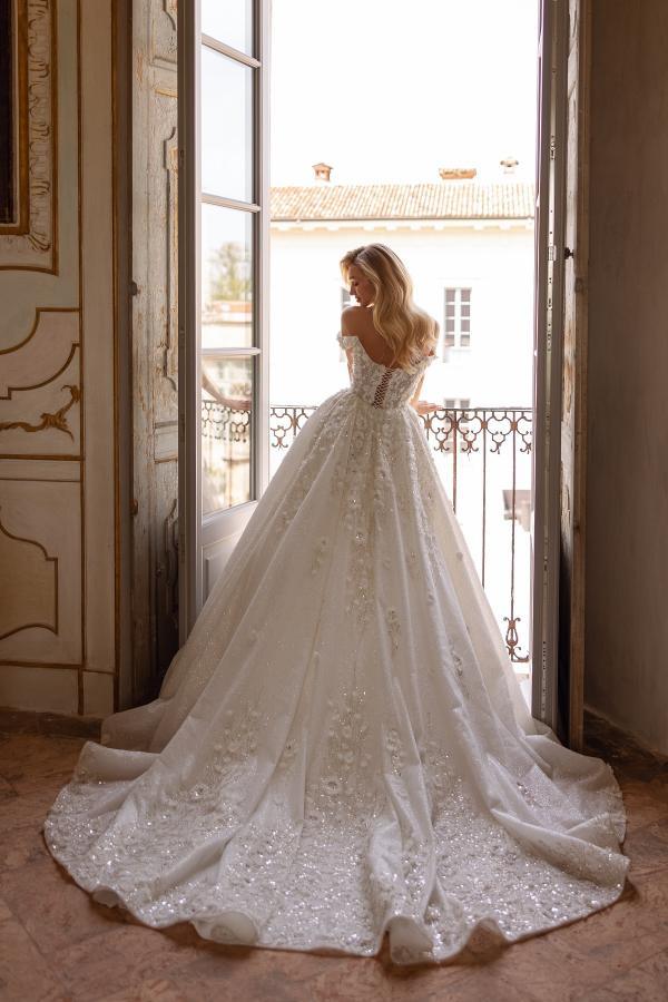 Robe de mariée moderne à paillettes | Robe de mariée trapèze avec dentelle