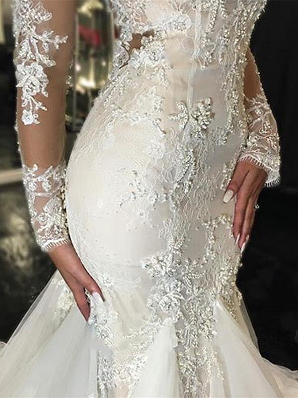 Forme fourreau robe de mariée élégante manche longue dentelle transparent traîne maxi