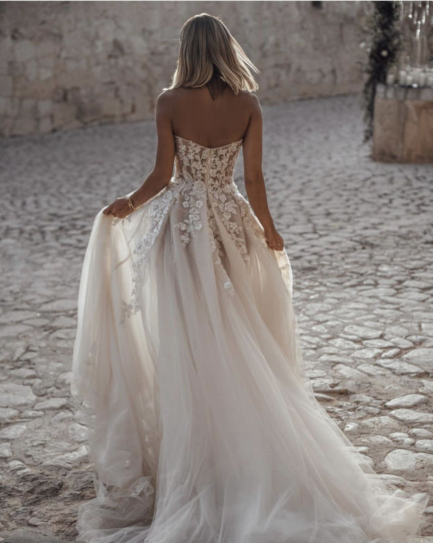 Robe de mariée A-ligne tulle épaule | Robe de mariage longue chic
