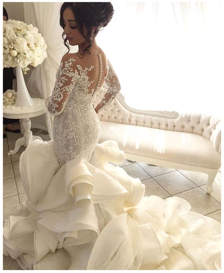 Robe de mariée sirène dentelle luxueuse | Robe de mariage trompette manches longues