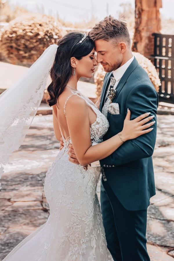 Robe de mariée sirène dentelle à bretelles dos nu populaire