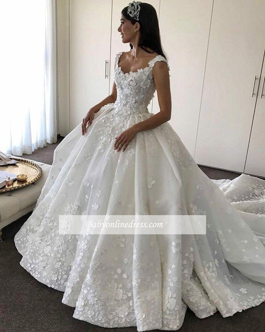 Robe de mariée princesse traîne cathédrale avec fleurs | Robe de mariage princesse longue élégante