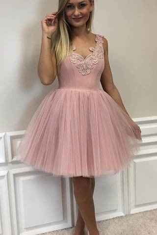 Forme Princesse Court/Mini Col en V Tulle Robes de soirée étudiante avec Appliques