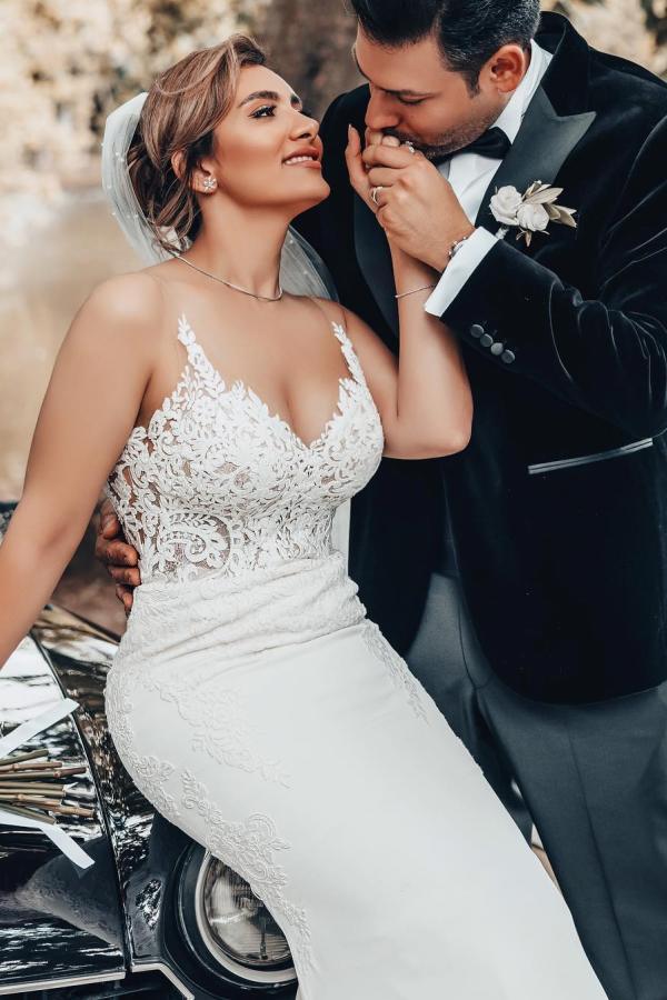 Robe de mariée sirène à bretelles dentelles sur mesures pas cher