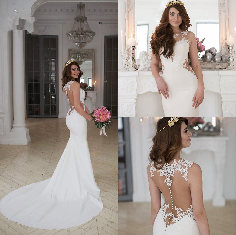 Forme fourreau robe de mariée en dentelle délicat dos nu transparente traine alayage