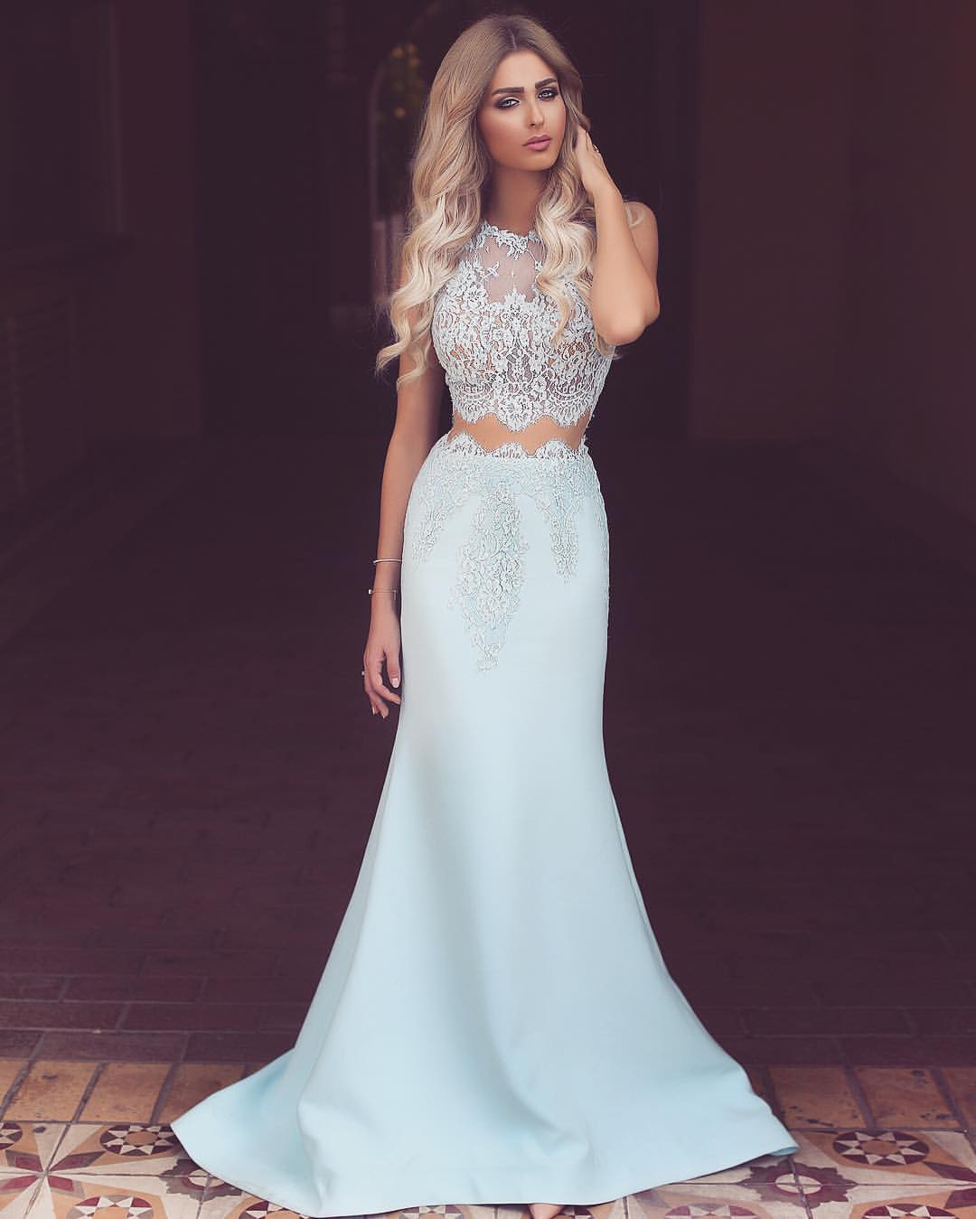 Forme sirène robe de cérémonie en dentelle délicat deux pièces longueur sol