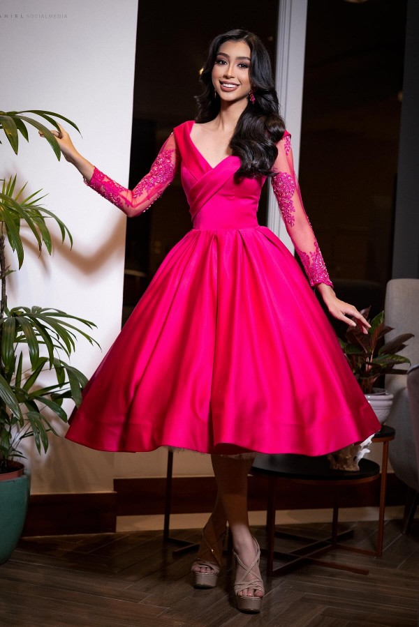 Fuchsia Cocktailkleider Partykleider Kurz Ballkleider Spitzen Ärmel