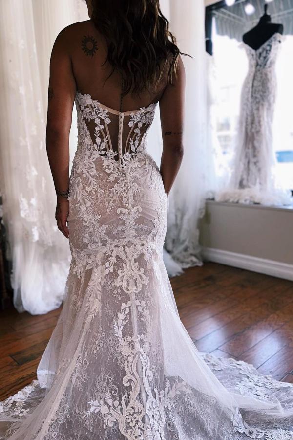 Robe de mariée sirène 2en1 traîne détachable avec dentelles chic et élégante