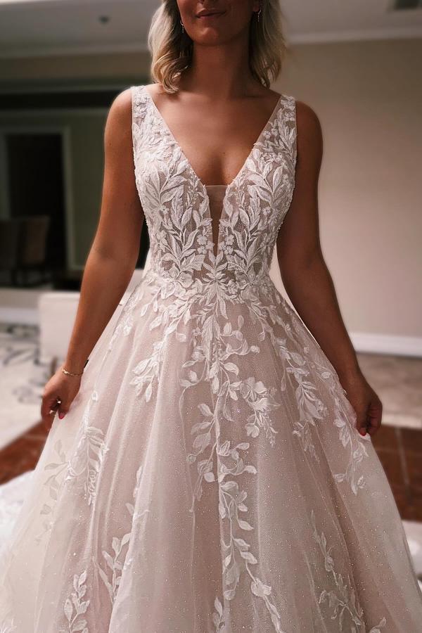 Robes de mariée sexy Une ligne de dentelle | Robes de mariée crème à paillettes