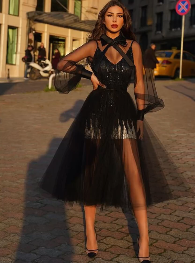 Robes de bal noires à paillettes | Robes de cocktail courtes en ligne