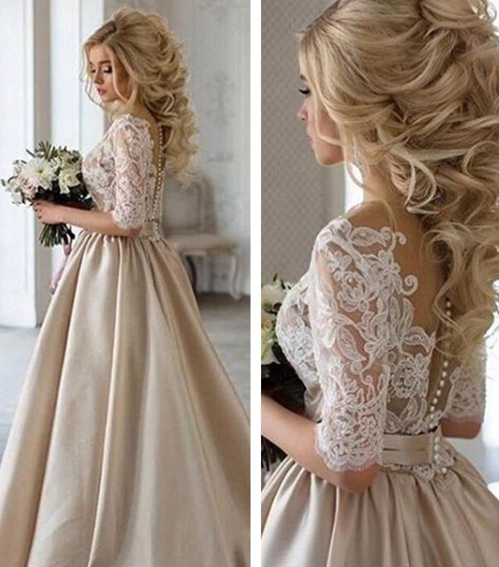 Forme princess robe de cérémonie en dentelle et satin avec manche mi-longue