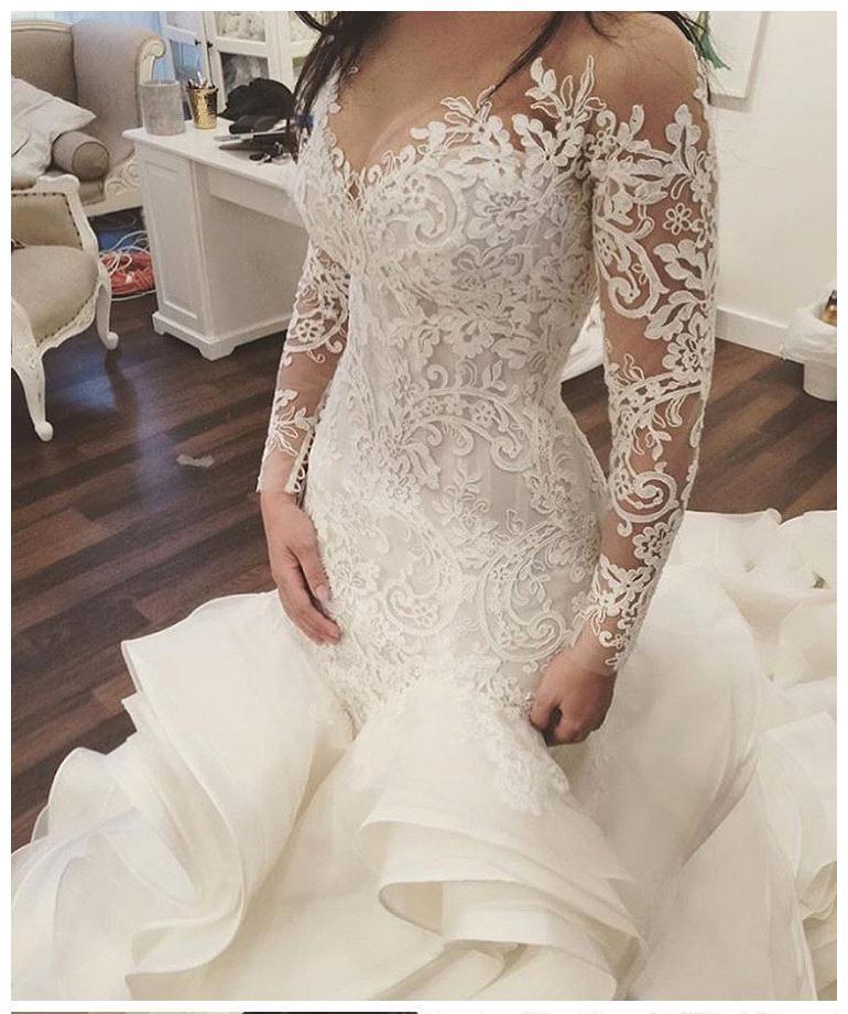 Robe de mariée sirène dentelle luxueuse | Robe de mariage trompette manches longues