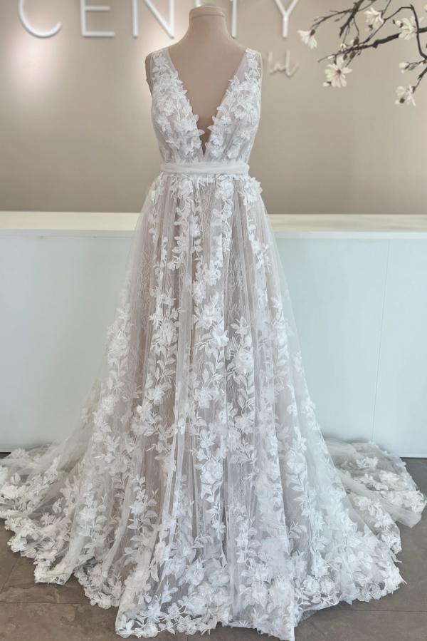 Robes de mariée de créateur, col en V, robe de mariée trapèze en dentelle