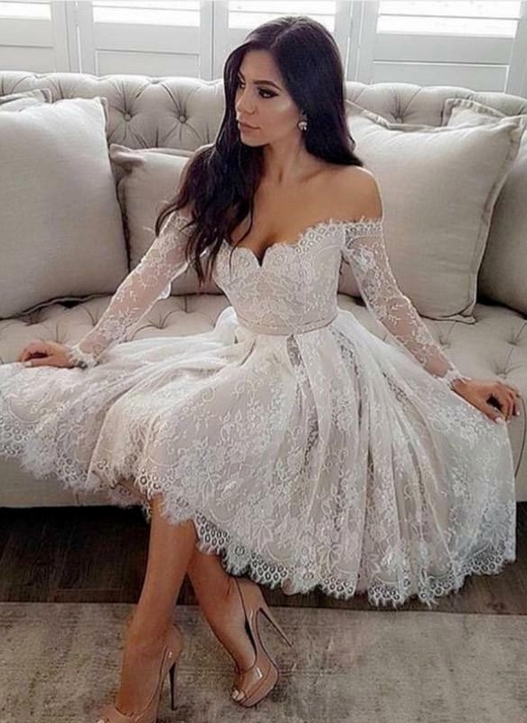 Robe de cocktail mini dentelle épaules nues sexy | Robe de soirée courte manches longues